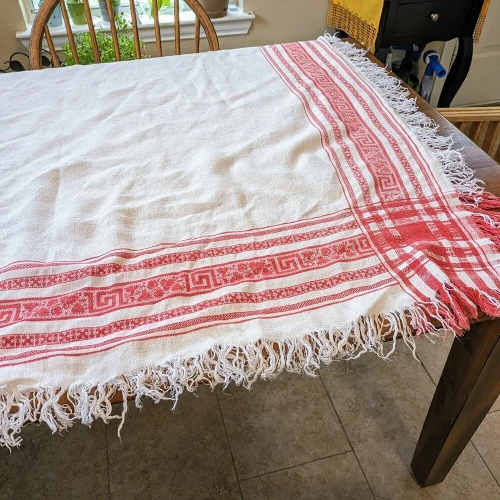 White & Red Linen Fringe Vintage Tablecloth